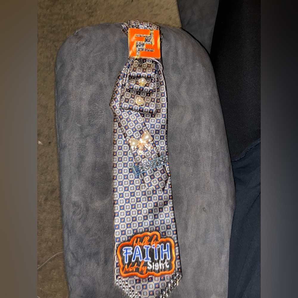 Geometric Patterned Junk Tie with Faith Embroidery Patches and gems.